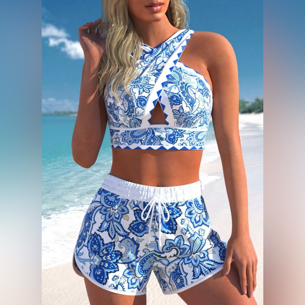 Blue and White Paisley Halter Top Swimsuit with shorts